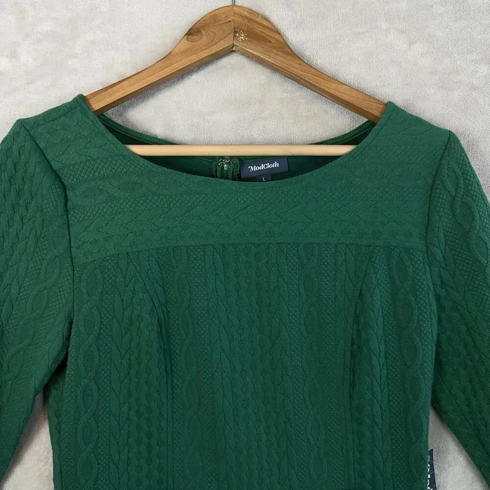NWT MODCLOTH Braid My Entire Day 3/4 Sleeve Green Midi Dress Large Twee Cozycore